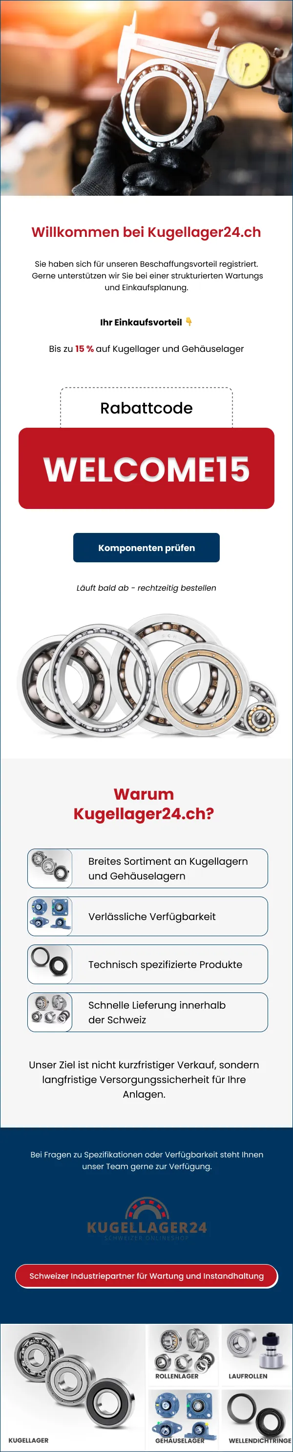 Kugellager welcome flow email with 15% off, by Obaid Ullah