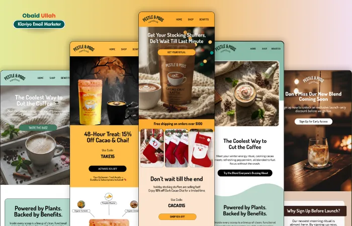 Pestle & Pods email designs, welcome, BFCM and educational campaign templates