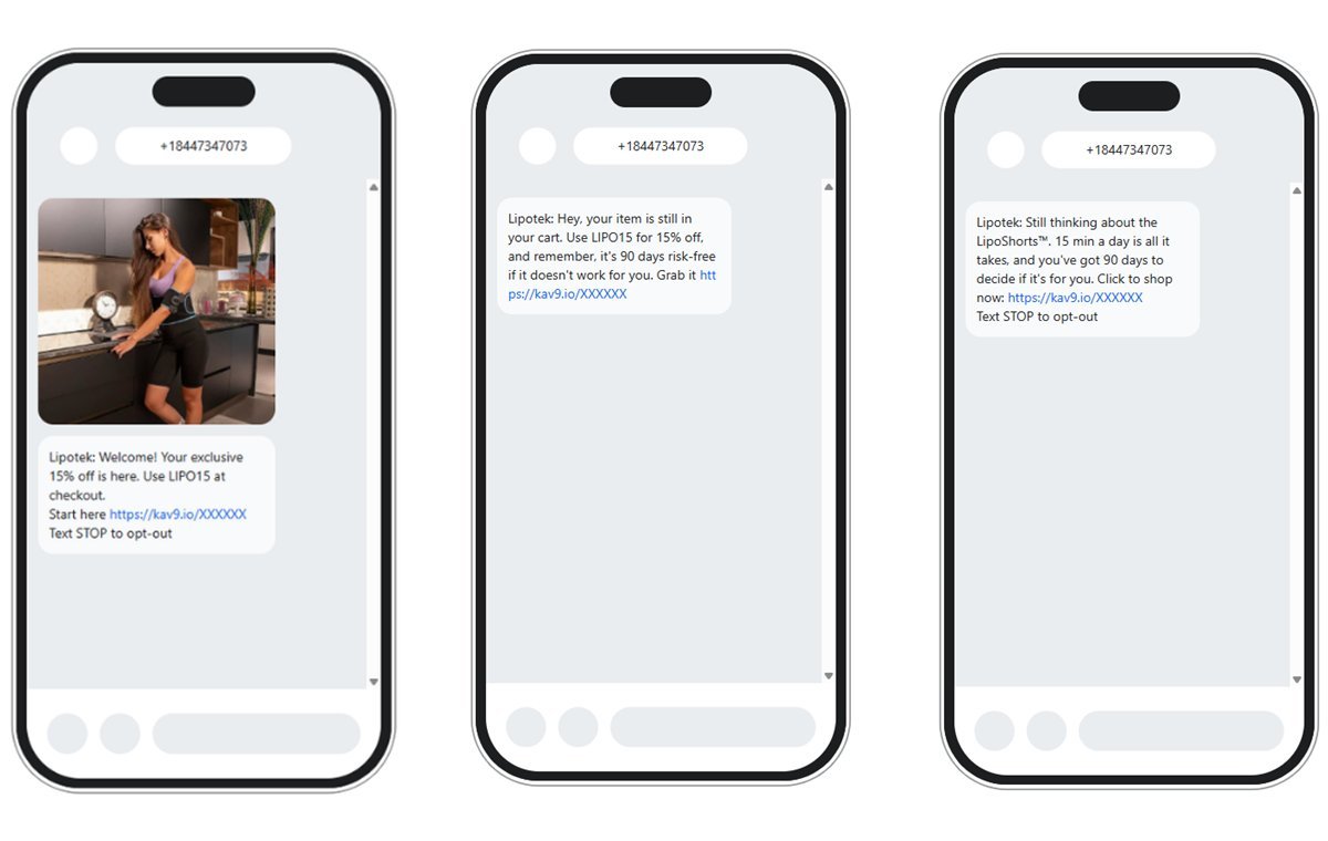 Three LipoTek text messages I set up in Klaviyo: a welcome MMS with a discount code, an abandoned checkout reminder, and an abandoned cart reminder